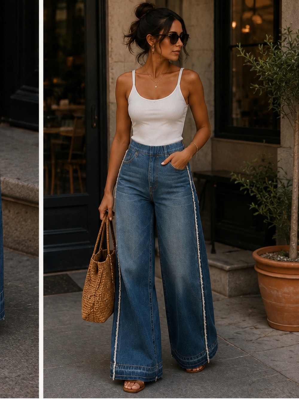 Wide leg frayed hem pull on blue jeans Small LYSSE
